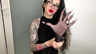 Long Nails and Fishnets Gloves, Sucking Fingers, Red Lips and Long Hair