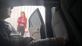 Risky handjob inside the car for student in public