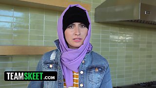 Arab Hijab masturbates before swallowing and taking a hard pounding from her boyfriend's big cock