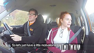 Pale redhead driving student 18+ bangs in car