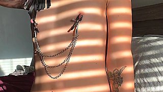 Masturbating busty blonde teen on couch with big toys