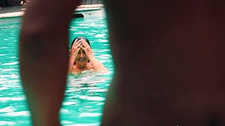 Interracial blowjob outdoors from bikini slut