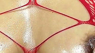 Nipple Play in Red Bodystocking