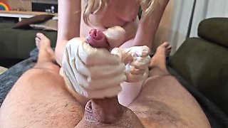 Blonde German Teen in Latex Gloves Gives Handjob Tutorial - Petite & Skinny