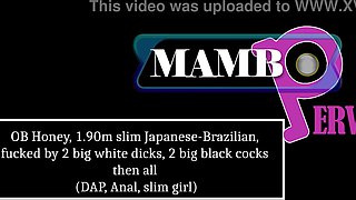 OB Honey, 1.90m slim Japanese-Brazilian, fucked by 2 big white dicks, 2 big black cocks then all (DAP, Anal, slim babe, gapes, BBC, ATM, 2-2 then 4on1) OB474