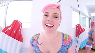 CAROLINE CROSS aka MILEY MAY Cute Cubby Blonde Coed Huge Penis POV Blowjob and Cum Swallow