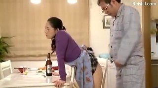 Japanese milf gets fucked by guy while her husband was listening outside house