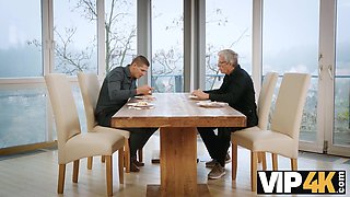 Couple invites a mature friend to their party