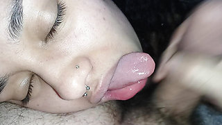 She gets all happy and excited to get all the hot cum on her big lips