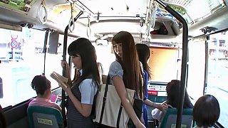 Mature japanese lesbian Emika Sakuragi seducing student Sayo Arimoto on bus scene 1