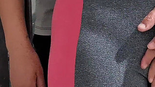 Masturbating Her Camel Toe on the Table with the Neighbor's Help