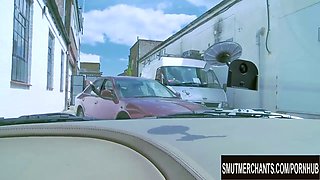 Valery Summer, the busty brunette, blows and fucks a stranger in a parking lot