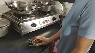 Indian maid sends her step daughter to work and the house owner fucks her in the kitchen (clear hindi audio)
