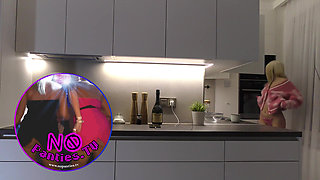 a Cup of Tea with the Hot Tight Pussy Amazingly Sexy and Unique Wonderful Blonde Panties and No Panties in the Kitchen