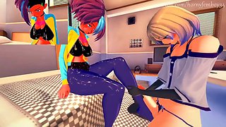 Femboy gets to feel his hard-on against her legs in an anime fantasy