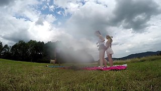 Yoga and Gymnastics Outdoors sans Underpants in College Uniform Mini-Skirt with Steamy Cock-Squeezing Poon Women