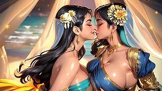 Indian beautiful girls kissing on the beach (Ai models)