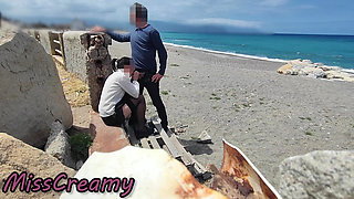 Dick Flash Risky Blowjob on Beach Stocking Teacher and Student Almost Caught Misscreamy