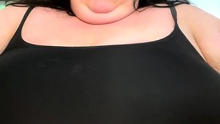 Busty curly brunette with big boobs fucks on couch
