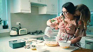 Blonde Charlie Forde and Brunette Chasey Devil Lesbian Cake Baking Sex with Big Natural Tits and Glasses