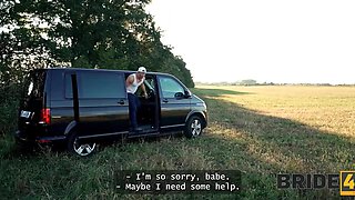 Beautiful and slutty bride wearing a wedding gown has threesome with an impudent couple