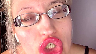 Cuckold Private Cam Worship - Goddess in Thick Eyeglasses, Wet Lips and Tongue Deep-throating Dildo While Teasing Tits for Cuck
