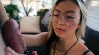 Slim Nerdy Asian Cutie Lets Her European BF Fuck Her Hard Before Mounting His Boner