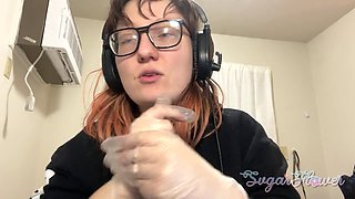 ASMR food crushing with big tit brunette in glasses wearing sweater and gloves