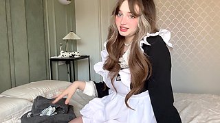 Cute young French maid shows her precious hole in innocent webcam show