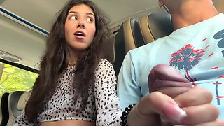 Risky public bus handjob with cum on russian babe's hand