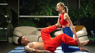 Blonde with long hair fucks a man and gets cum on her hair