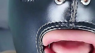 Petty BDSM Slut Sucking Cock Deepthroat Slapping and Spitting Her Face with Slave Leather Mask