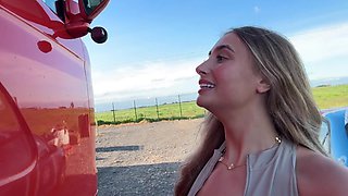 Sexy Slim Blonde Cutie Cheats On Her BF, Rewarding the Trucker With BJ & Sex For Giving Her a Lift