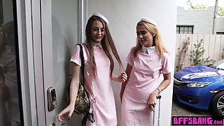 Watch these busty teen stewardesses take turns getting their asses drilled by lucky frined