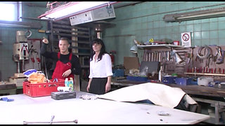 Horny handyman fucks a hot German cougar on the table