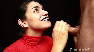 CFNM - Red Turtleneck, Black Lips - Handjob + Cum Mouthful + Cum on Clothes