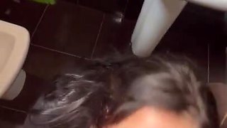 Wild mouth fuck in a toiler with a hot horny Russian brunette