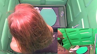 Passionate blowjob in a portable toilet
