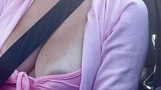 Sexy Car Ride with Horny Big Tits Milf Artemisia Love Flashing her juicy boobs and nipples