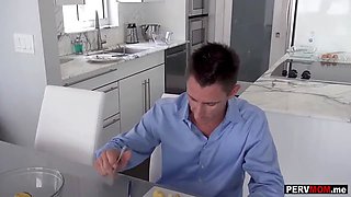Thin stepmom eating cock during breakfast in front of stepfather