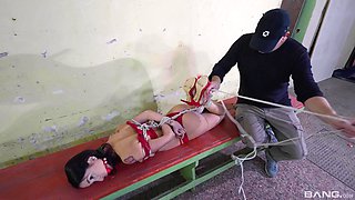 Kinky dude tied up and gagged skinny submissive slut Freya Dee