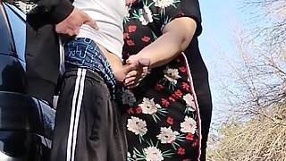 MILF Mother-in-Law Holds My Dick While I Pee Then Sucks It Deep Throat in Public