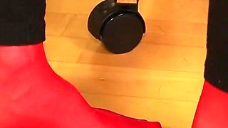 Peeptoe Dangling in Red Stockings & Black Leggings
