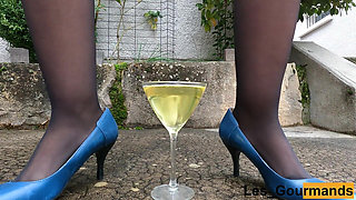 4K - MILF in High Heels and Stockings, with Big Pierced Pussy Lips Pissing in a Flute