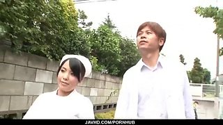 Asian nurse with huge tits begs for a wild threesome with two hung dudes