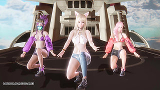 MMD Unis - Curious Ahri Akali Seraphine Hot Kpop Dance League of Legends Uncensored Hentai