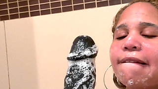 Shower Wet Hair Natural Big Tits Faux BBC Handjob Cumshot Dildoe 10inch Monster Cock Shower