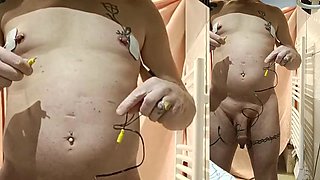 E-stim electro inside holes of my piercing tits , cum