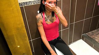 German Skinny tattoo teen slut make blowjob at toilet