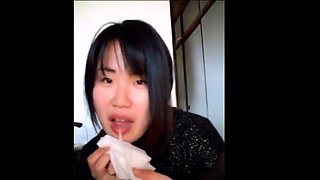 Asian babe gives an amateur blowjob and gets cum in her mout